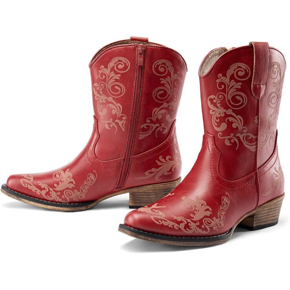 🆕 Red Faux Leather Women's Cowboy Cowgirl Western Ankle Boots Chunky Low Heel - Picture 6 of 7